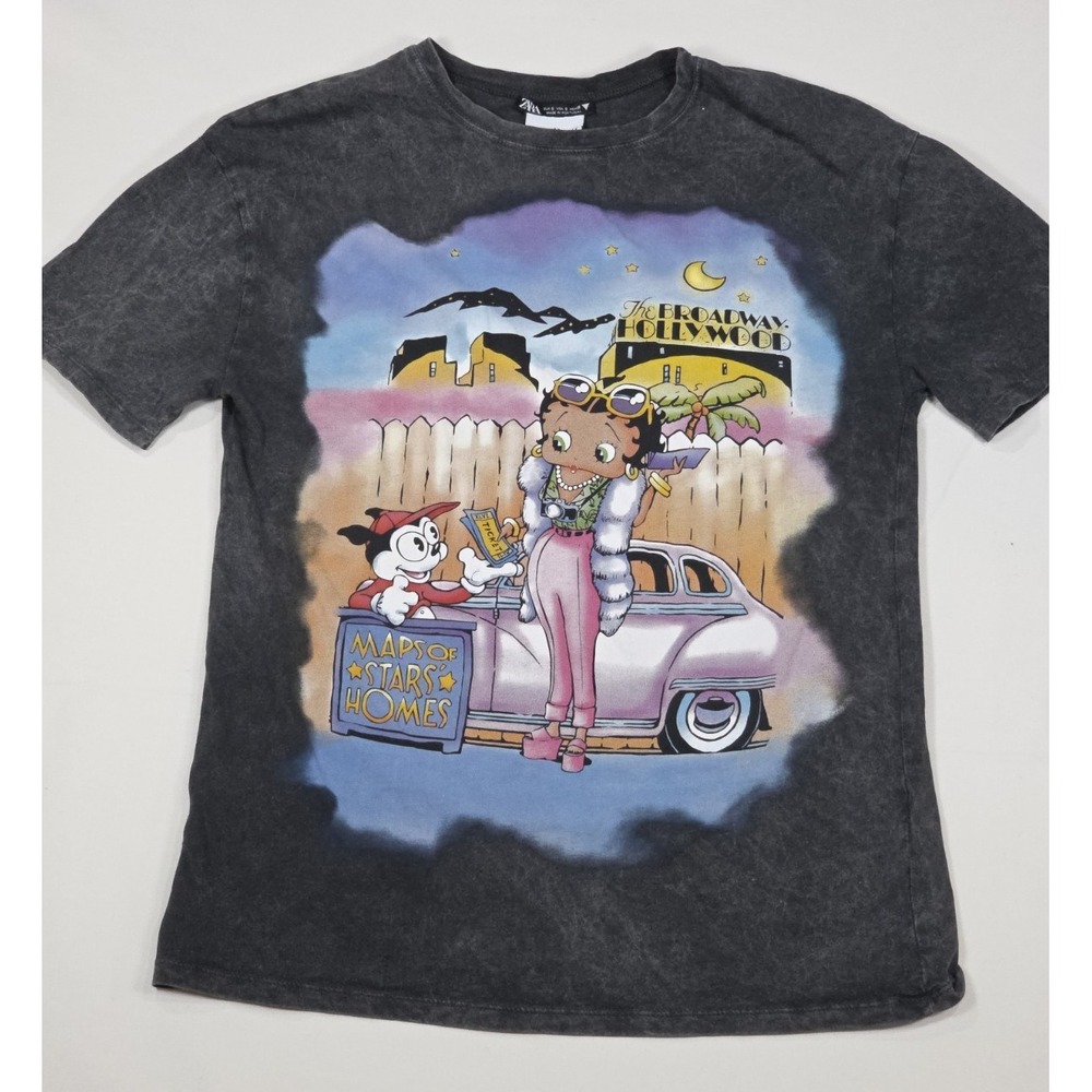 Zara x Betty Boop Shirt Women Small Gray Acid Wash Hollywood Graphic Tee Portuga